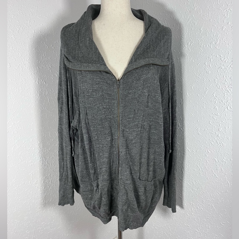 Eileen Fisher 100% Organic Cotton Knit Collared Zip Cardigan Sweater Jacket